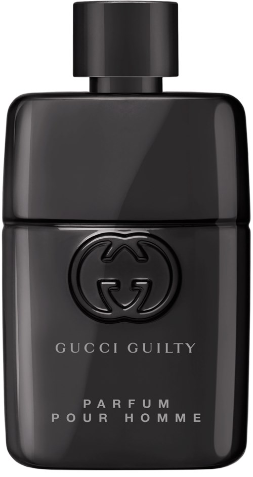 Svart parfyvel flaske med Gucci-logo og tekst, merket Gucci Guilty Pour Homme.