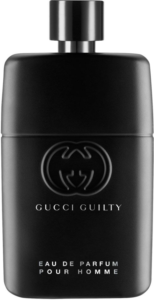 A black perfume bottle with a round cap, labeled 'Gucci Guilty Eau de Parfum Pour Homme,' sleek and modern design.