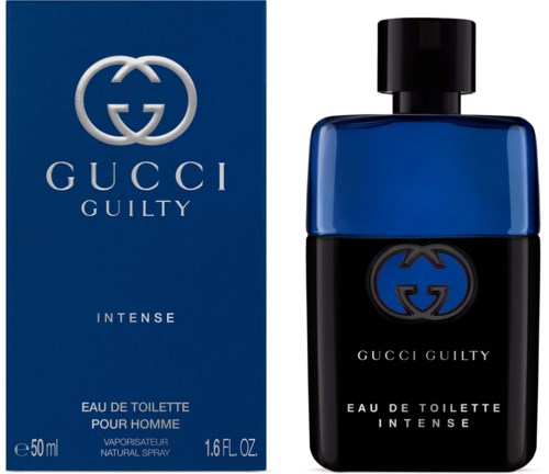 Gucci Guilty Intense herenparfumfles in zwart en blauw, met bijpassend doosje met logo en productnaam.