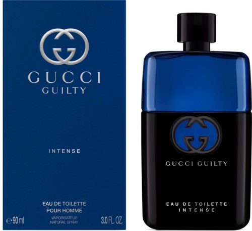 Gucci Guilty Eau de Toilette Intense parfumfles en doos in blauw en zwart. Logo en productinformatie op doos en fles.