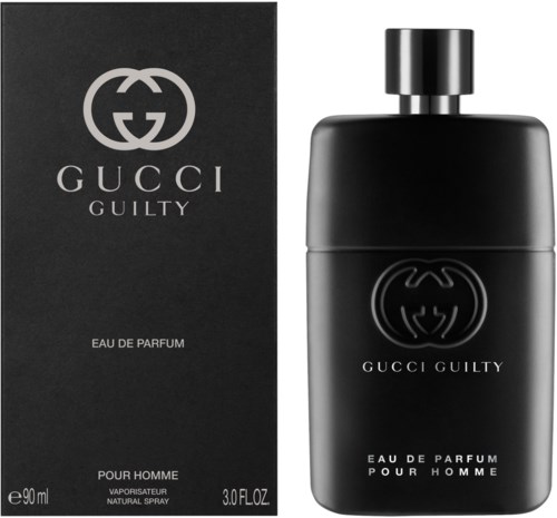 En svart parfyrefleske og eske med Gucci Guilty-logo og tekst, merket Eau de Parfum for menn.