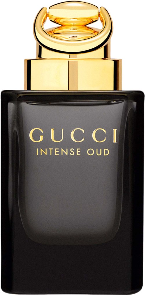 Svart parfymflaska med guldlock och texten GUCCI INTENSE OUD.