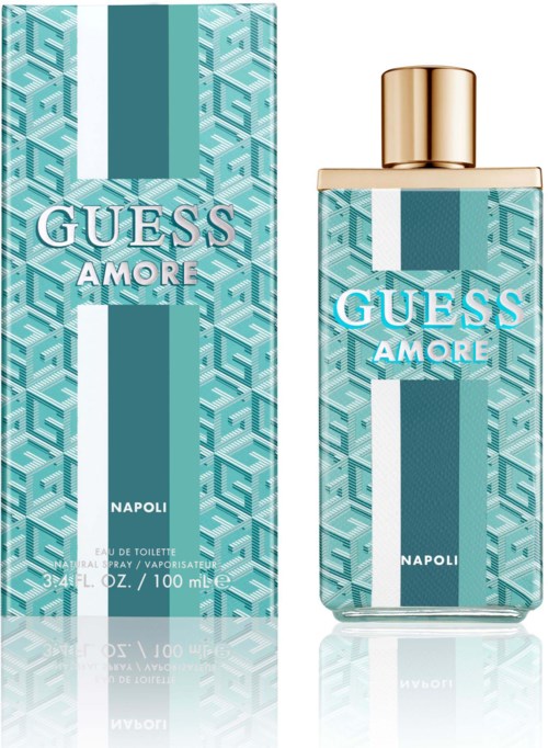 Pullopakkaus ja laatikko Guess Amore Napoli -tuoksulle, sinisillä geometrisillä kuvioilla ja kultaisella kannella.