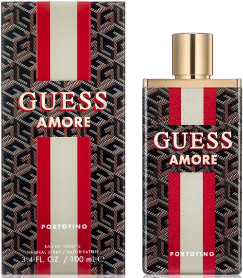 En parfymeflaske og eske har et rødt og hvitt stripete design med ordene "GUESS AMORE."
