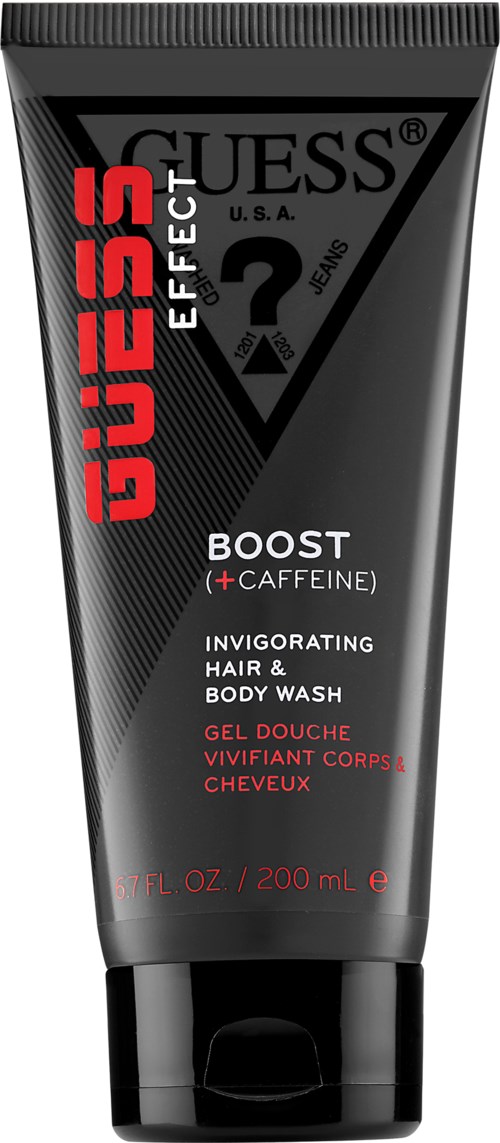 En svart tub med Guess Effect Boost koffeinshampoo för hår och kropp, med röd och vit text, samt lock.