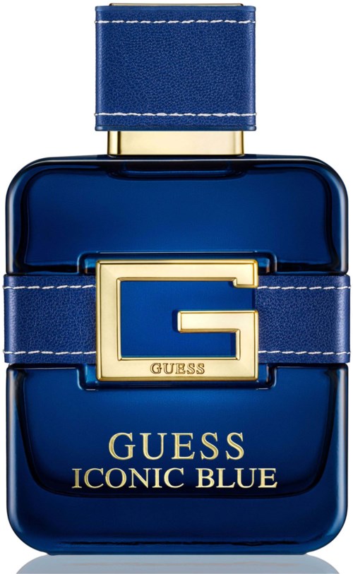 Blå parfærflaske med guldlabel og stropp, mærket Guess Iconic Blue, stilfuld og elegant design.