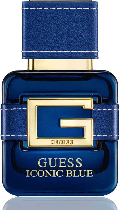 En blå parfume flaske med guld- og blålogo og rem, mærket Guess Iconic Blue.