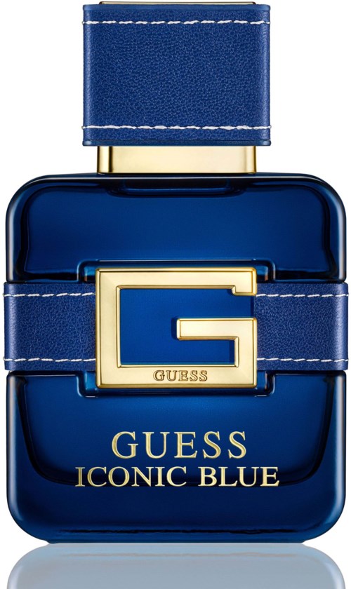 En blå parfymespray med guldlogo og bånd, mærket Guess Iconic Blue.
