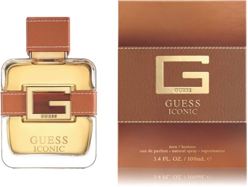 Ein Parfümflasche mit Gold- und Braun-Design und passender Box, gekennzeichnet Guess Iconic, 100 ml für Männer.