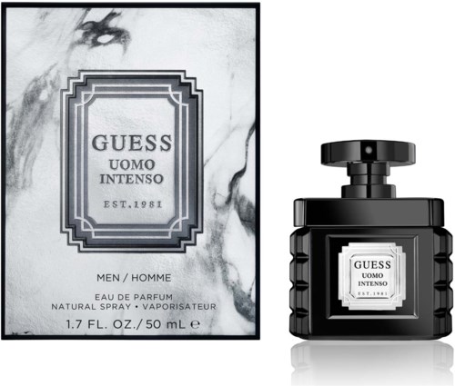 En parfymask box och flaska med GUESS UOMO INTENSO herrparfym, svartvit design, med textdetaljer.