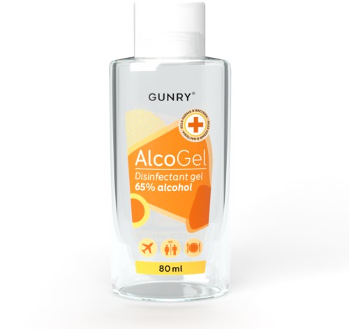 En tydlig flaska med alkoholdesinfektionsgel med orange och gul etikett, innehåller 80 ml.