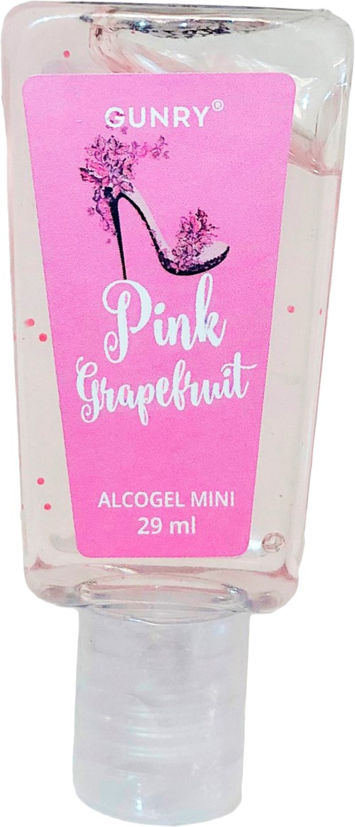 En liten 29 ml genomskinlig flaska med en rosa etikett som säger 'Pink Grapefruit' och bilder av en högklackad sko och blommor.