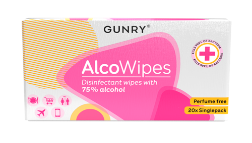 Rosa og hvit eske med desinfiserende våtservietter med 75% alkohol, uten parfyme, og 20 enkelpakker.