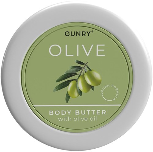 En rund behållare med kroppssmörj med olivformat och olivolja, märkt GUNRY OLIVE.