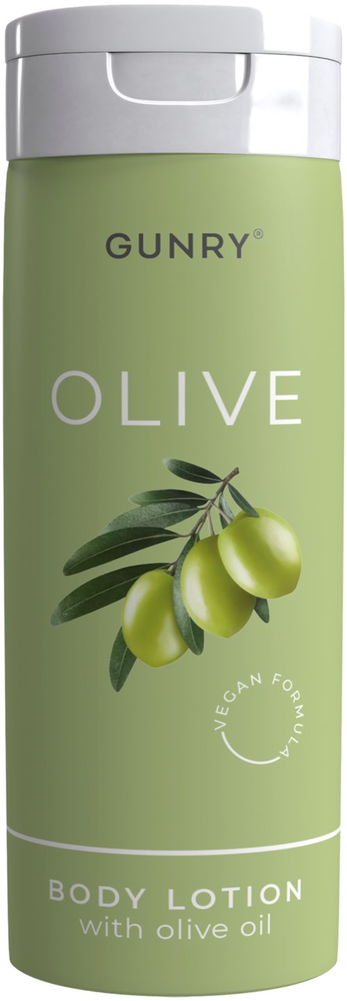 Grønn flaske med olivengrenillustrasjon, merket 'GUNRY OLIVE Body Lotion with olive oil'.