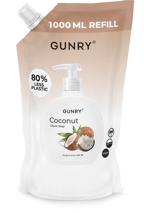 Påfyllningspåse för gunry kokos flytande tvål, innehåller 1000 ml, miljövänlig med 80% mindre plast, vegansk.