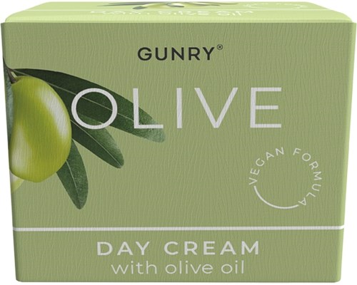 Grønn emballasje for GUNRY oliven dagkrem med olivenolje, merket som vegansk formel.