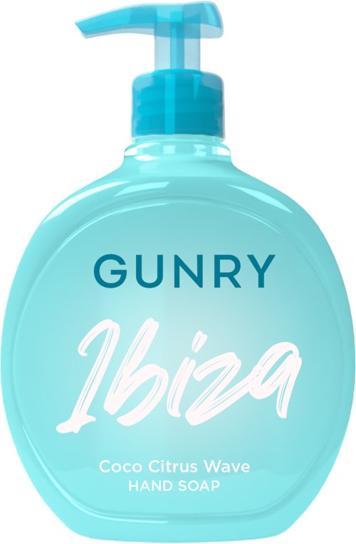 A light blue hand soap bottle with a pump. It has the words GUNRY and Ibiza, and mentions Coco Citrus Wave.