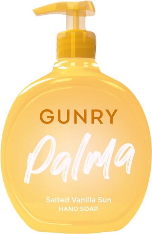 Bright yellow hand soap bottle with pump, labeled Gunry Palma Salted Vanilla Sun.