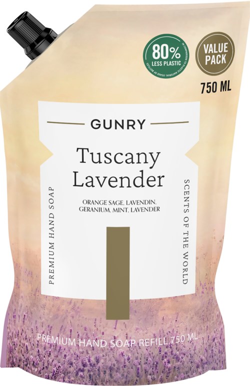 A refill pouch of hand soap with lavender and orange scent, 750 ml, featuring a lavender field image and eco-friendly label.