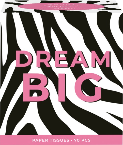 En ask med papperstjänster med zebramönster och orden "DREAM BIG" i rosa bokstäver.