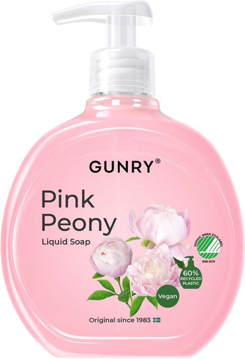 Vaaleanpunainen nestesaippuapullo pumppupullolla, etiketti 'Pink Peony', kukkakuvia ja ympäristöystävällisiä sekä vegaanisia symboleja.