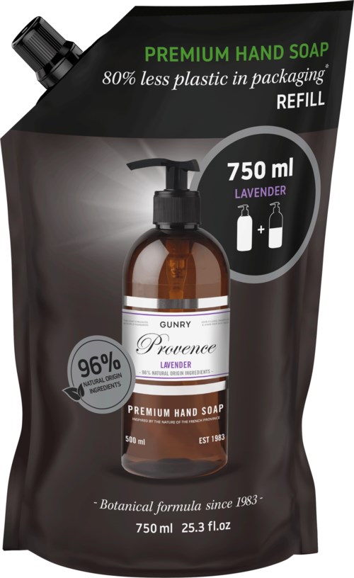 Oryginalna saszetka uzupełniająca mydła do rąk Provence lavendrowego, 750 ml, z ikoną pompy, mówi 'Premium mydło do rąk'.