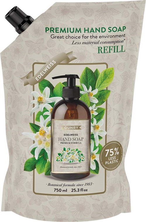Refill packet of hand soap with green leaves, flowers, and a pump bottle illustration on packaging.