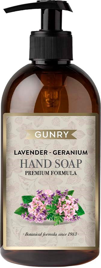 Brun flaska med svart pump innehåller lavendel och geranium handtvål, märkt som premiumformel med blommönster.