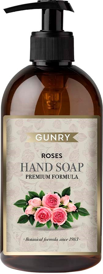 A brown pump bottle of rose hand soap with pink roses on the label.