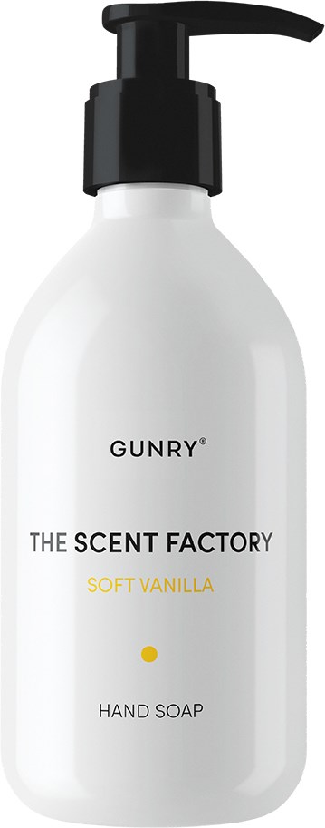 En vit flaska med pump har text: GUNRY, THE SCENT FACTORY, SOFT VANILLA, HAND SOAP.