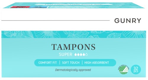 Lyseblå tamponboks med myk berøring, høy absorpsjon, 32 stk, og dermatologisk godkjent. Merke GUNRY.