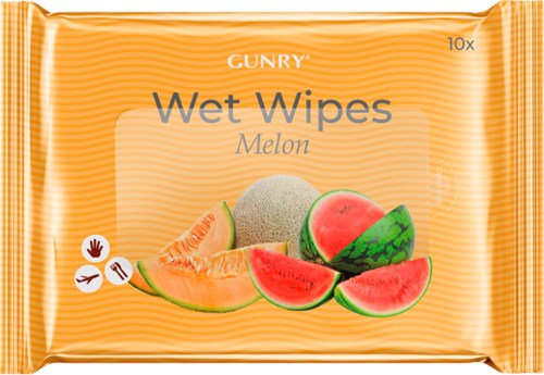 A package of watermelon and melon flavored wet wipes with an orange background and images of watermelon and melon.