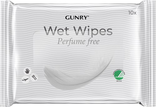 A pack of 10 wet wipes labeled 'Perfume free' with a smooth, curved design and eco-friendly symbol.