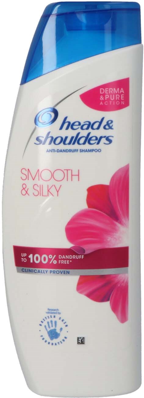 En hvid og blå flaske Head & Shoulders shampoo med pink blomsterdesign og tekst om skælkontrol.