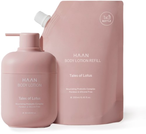 Lyserød flaske og genopfyldningspose til HAN kropslotion, Tales of Lotus duft, uden konserveringsmidler, 250ml.