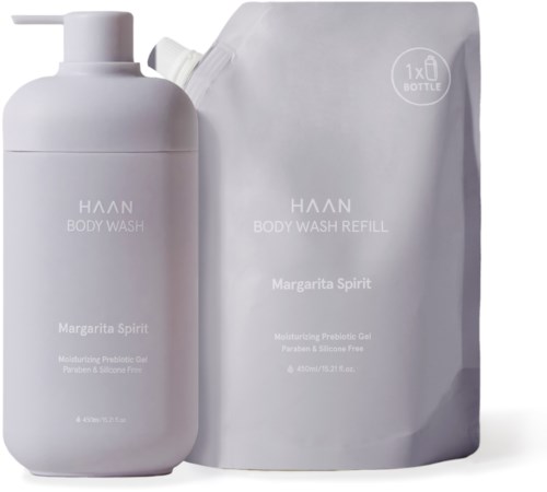 En vit flaska och påfyllningspåse för HAAN Body Wash, doft av Margarita Spirit, tillverkad med fuktgivande prebiotiskt gel.