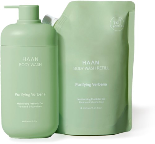 To grønne flasker, en liten med pumpe og en stor påfyllingspose, er merket 'Haan Body Wash' med 'Purifying Verbena'.