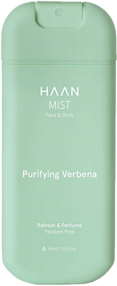 A green bottle labeled HAAN MIST Purifying Verbena, for face and body, free from parabens, with 45 ml volume.