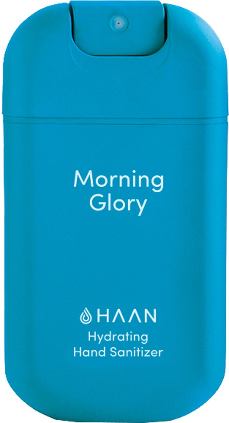 En blå handhållen enhet märkt 'Morning Glory' och 'Hydrating Hand Sanitizer' från HAAN.