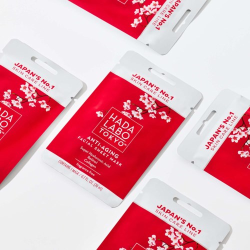 Multiple packs of Hada Labo Tokyo anti-aging sheet masks with cherry blossom design, red and white packaging.
