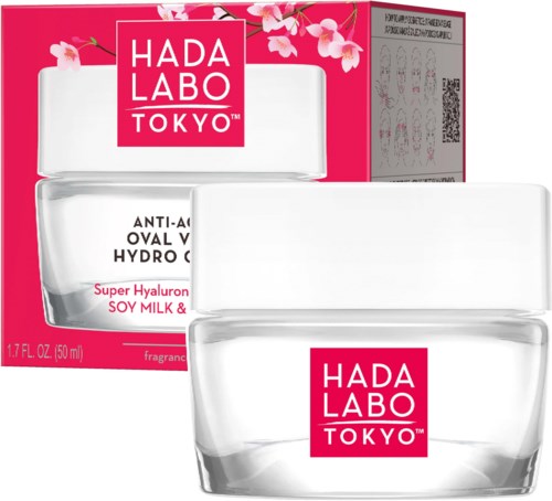 En krukke med Hada Labo Tokyo anti-aldringskrem med rosa boks i bakgrunnen.