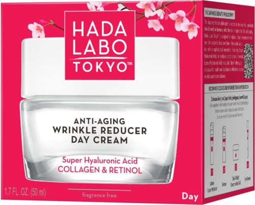 Rosa og hvit emballasje med et krukke merket Hada Labo Tokyo Anti-Aging Wrinkle Reduce Day Cream, nevner hyaluronsyre, kollagen og retinol.