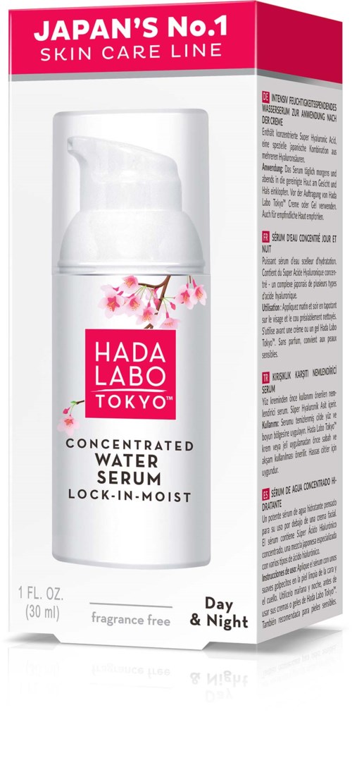 En hudpleieprodukt i en hvit flaske med rosa etikett, med fokus på vannserum for dag og natt bruk.