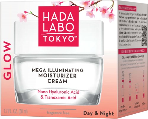 En hudpleieproduktboks med rosa kirsebærblomster, et gjennomsiktig krukke med krem og tekst om Hada Labo fuktighetskrem.