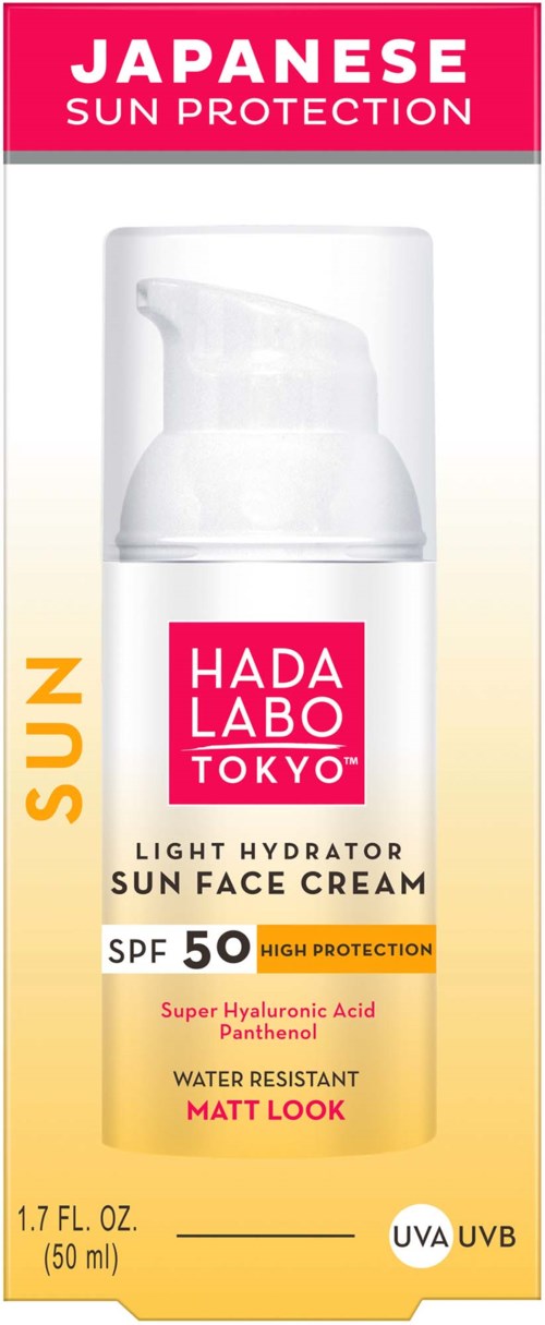 En japansk solkrem med SPF 50, fargeskjema i rosa, hvitt og gult, har en pumpeflaske.