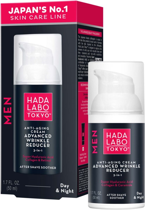Et hudpleieprodukt for menn, Hada Labo Tokyo, med eske og flaske, påstår anti-aldring fordeler, for dag- og nattbruk.
