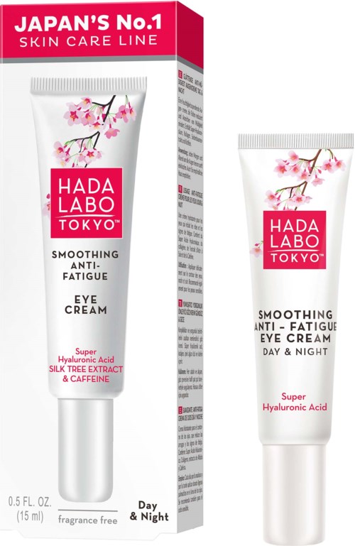 En eske og tube med Hada Labo Tokyo øyekrem med kirsebærblomst-design, fremmer mot tretthet og fukt.