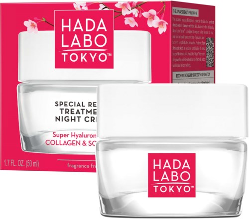 En hudkrem og eske med rosa kirsebærblomster, merket HADA LABO TOKYO, for nattkrem med hyaluronsyre.
