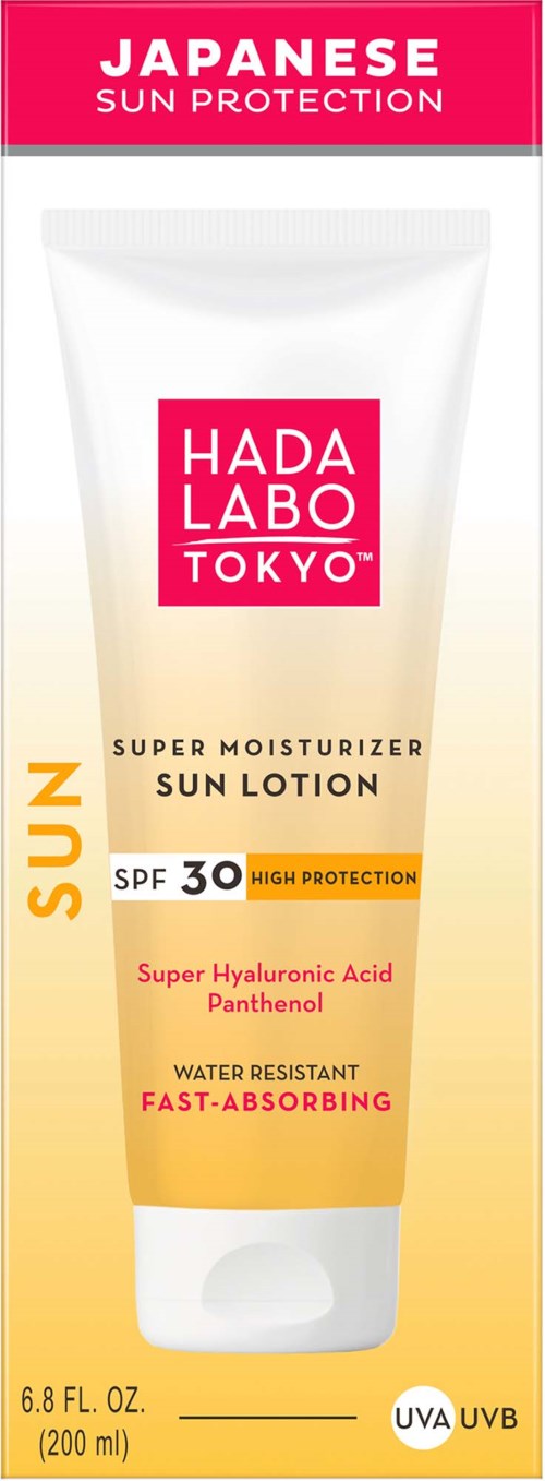 A tube of Japanese sun lotion with SPF 30, logo, and protection details, emphasizing water resistance and fast absorption.